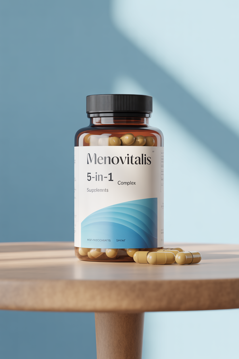 Menovitalis 5-in-1 complex supplement bottle with capsule packaging